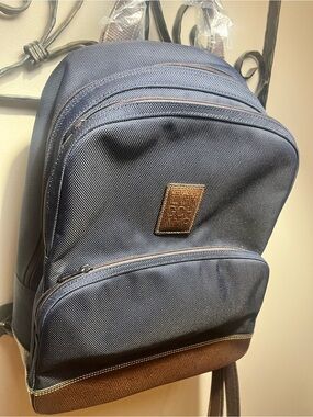 Longchamp Men's Navy Blue Backpack with Brown Trim